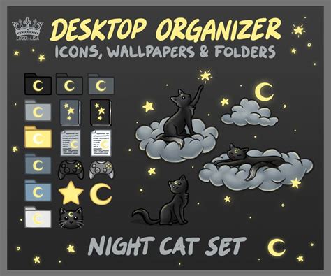 Dark Cat Night Star Theme Custom Darkmode Folders Icons Wallpaper Set