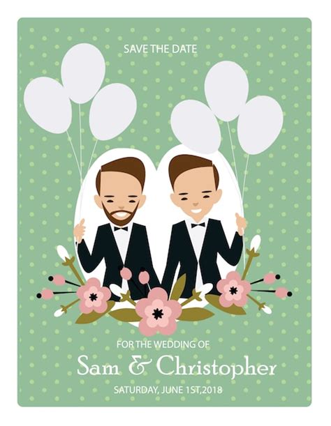 Heureux Couple Gay Dans La Carte D Invitations De Mariage Vecteur Premium