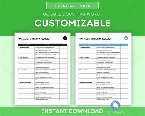Manager Duties Checklist, Supervisor Duties Checklist, Manager