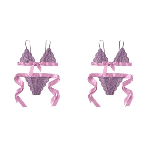 Pack Women Bra Underpant Scalloped Trim Tie Side Lace Set Lingerie Bow Bustier Corset With