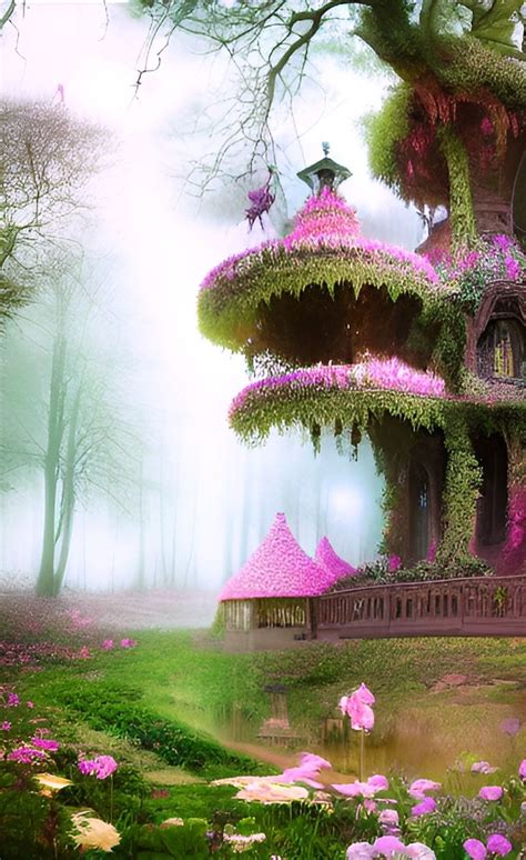 Floral Fantasy Treehouse Beautiful Pink Flowers Trees Forest