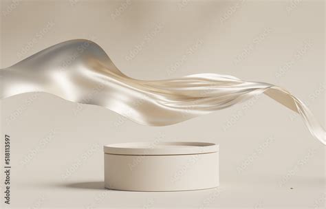 D Display Podium Beige Background With Pedestal And Flying Nude Color Silk Cloth Curtain