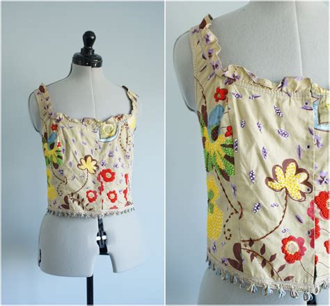 Y2k Cotton Beaded Cropped Bodice Top Size Medium Large Square Neck