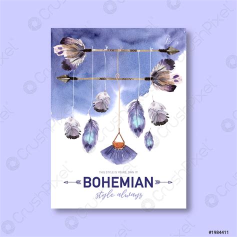 Bohemian poster design with feather, arrow watercolor illustration ...