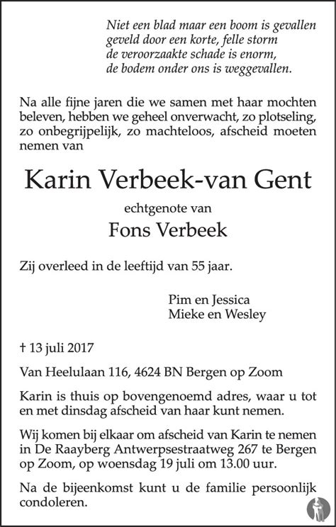 Karin Verbeek Gente Overlijdensbericht En Condoleances