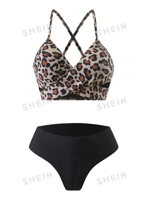 Shein Swim Conjunto De Bikini Con Estampado De Leopardo Y Cruzado En La Parte Delantera Para