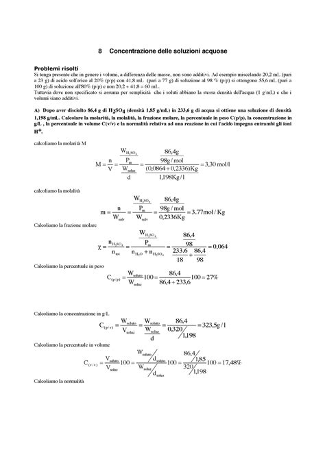 Concentrazioni Delle Soluzioni Acquose Esercizi Tipo Simili Esame