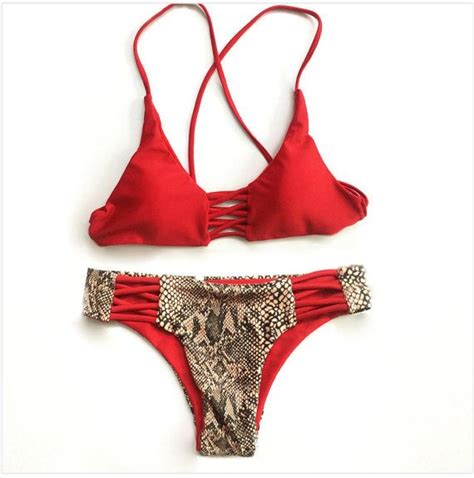 Ivanka Red Snake Print Criss Cross Padded Strappy Brazilian Bikini Set