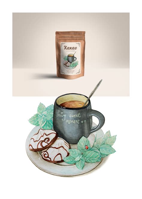 Иллюстрация какао с мятой, шоколадными жуками и грезами солнца в