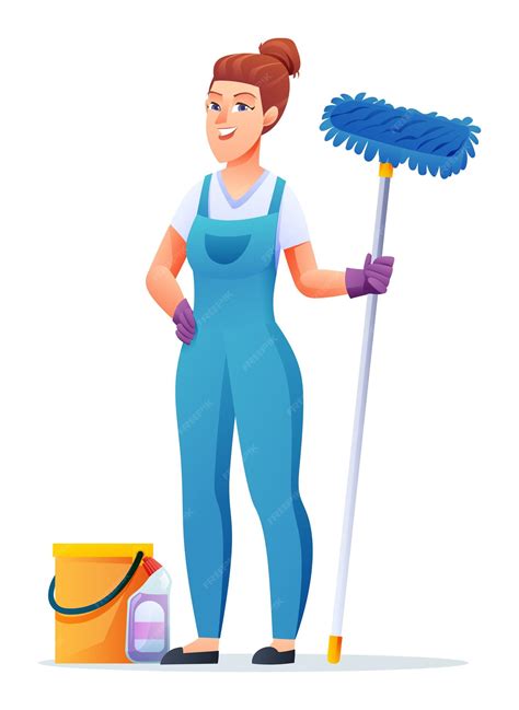 Premium Vector Cheerful Cleaning Woman With Mop And Bucket Female