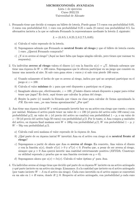 Lista 1 Micro Avanzada 2023 MICROECONOM IA AVANZADA Lista 1 De