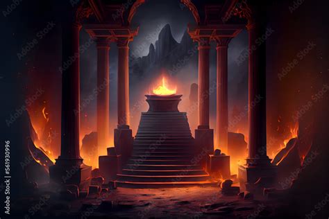 The eternal fire, dark atmospheric landscape with stairs to ancient columns and font of fire ...