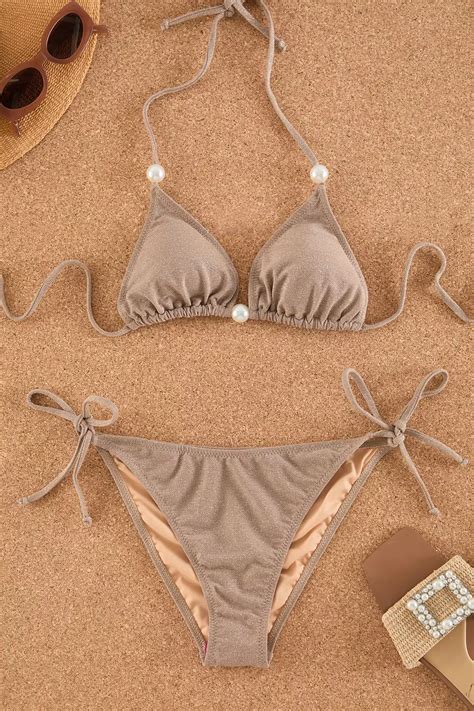 Buy Trendyol Mink Triangle Pearl Accessory Glittery Regular Bikini Set Online Zalora