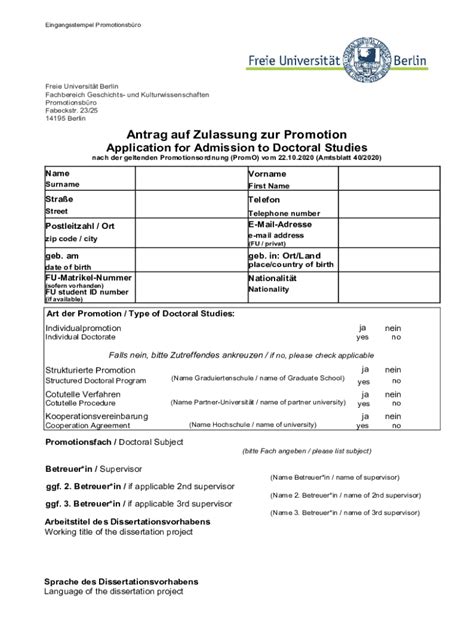 Ausf Llbar Online Antrag Auf Zulassung Zur Promotion Fax Email Drucken