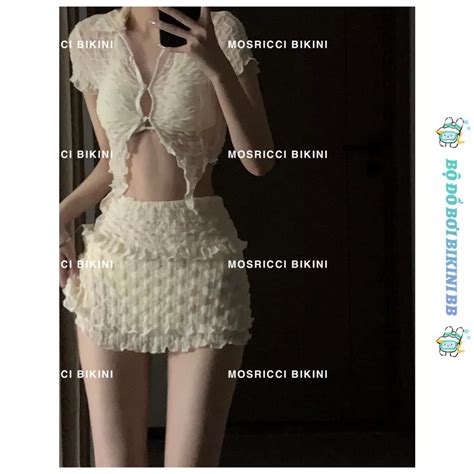 Hot Bikini Gồm Mảnh Áo Quần Vây Rút Đính Khoen Sang Sịn Cao Cấp