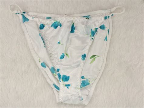 Vintage Satin String Bikini Panties Shiny White Blue Roses Flowers L To