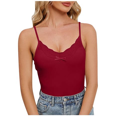 Camisole For Women 2024 Summer Basic Fitted Lace Trim Cami Top Sexy V Neck Spaghetti Strap