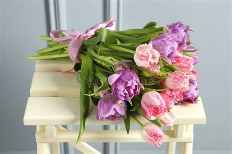 Beautiful Bouquet Of Colorful Tulip Flowers On Stool Stock Image