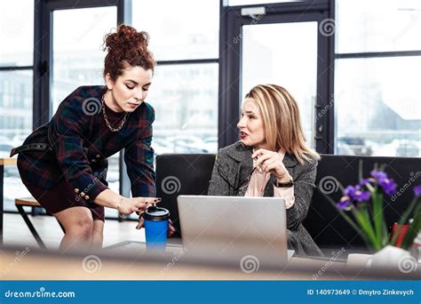 Blonde Haired Female Boss Feeling Thankful To Her Helpful Secretary Stock Image Image Of