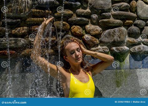 A Lovely Blonde Bikini Model Enjoys The Summer Weather On A Lake Stock Photo Image Of Resort