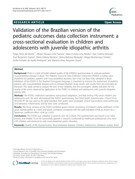 Pdf Validation Of The Brazilian Version Of The Pediatric Outcomes