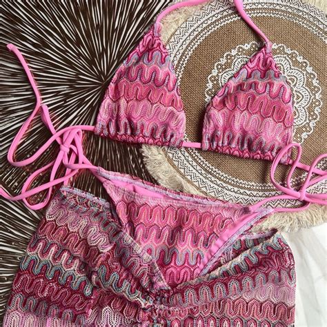 Pink Knit Bikini Swimsuit New 3d Geometric Triangle Skirt Bikini Set Women 3piece Swimwear