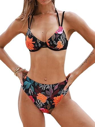 Amazon Cupshe Women S Bikini Sets Two Piece Bathing Suit High Waisted V Neck Double