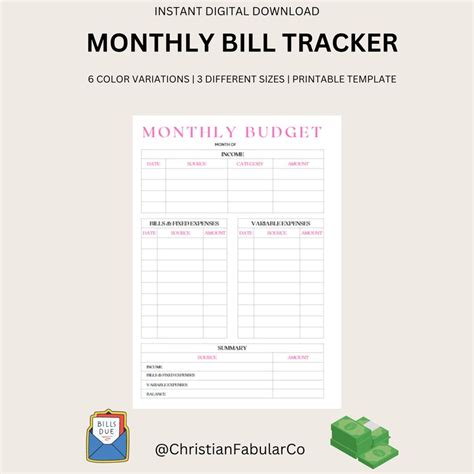 Monthly Bill Tracker Printable Bill Payment Tracker Monthly Budget Planner 6 Different Colors A4