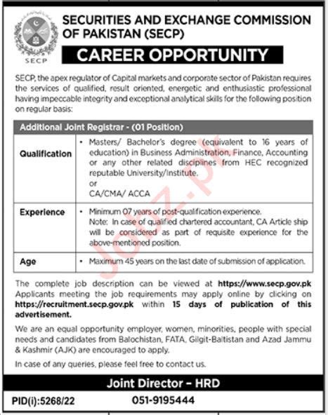 Secp Jobs 2023 For Additional Joint Registrar 2025 Job Advertisement