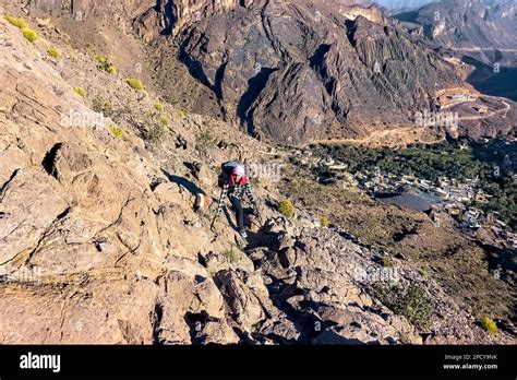 Climbing up from Bald Sayt village on a traverse of the Western Hajar ...