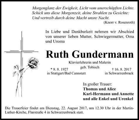 Traueranzeigen Von Ruth Gundermann Trauer Nn De