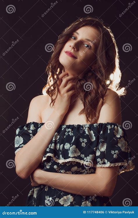 Lovely Brunette Model With Curly Hair Ang Natural Makeup Wearing Stock Photo Image Of Portrait