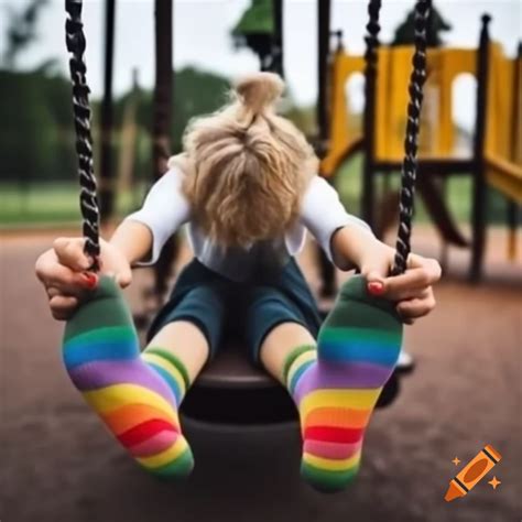 Girl With Blonde Braids Swinging In Playground Wearing Rainbow Socks On