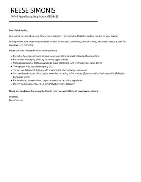 Executive Recruiter Cover Letter Velvet Jobs