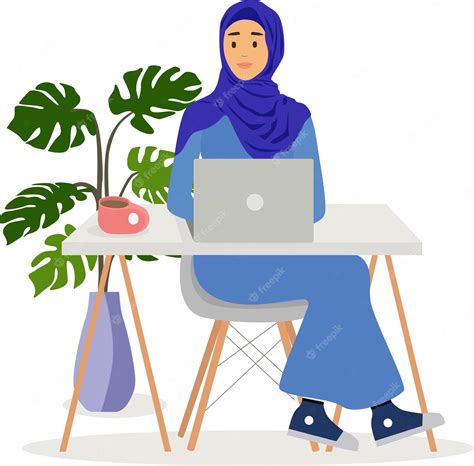 Premium Vector Muslim Business Woman In Hijab Holding A Laptop A