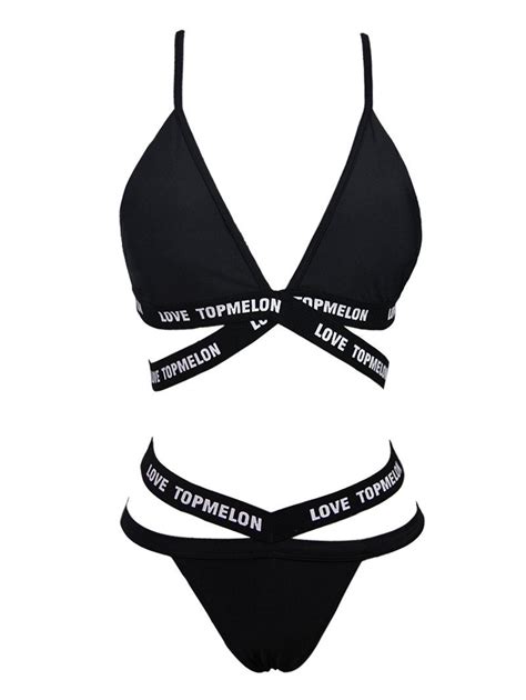 Off Chic Letter Print Criss Cross Bikini Set For Women In Black Dresslily