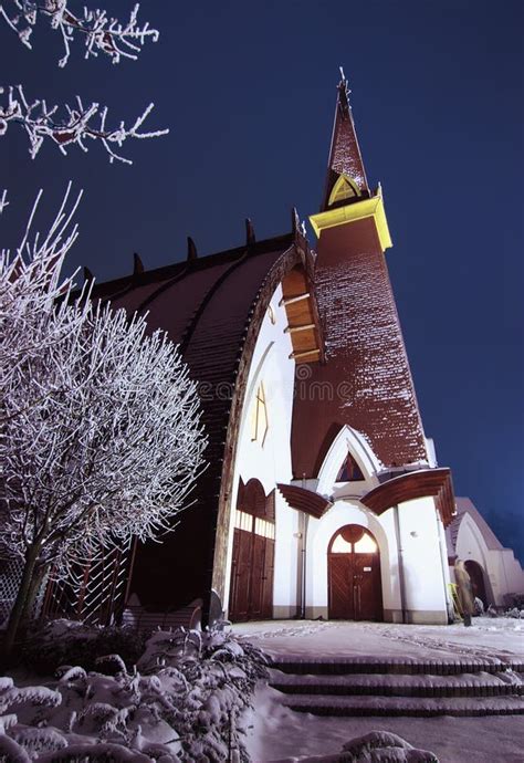 Winter church at night stock photo. Image of evening - 14607144