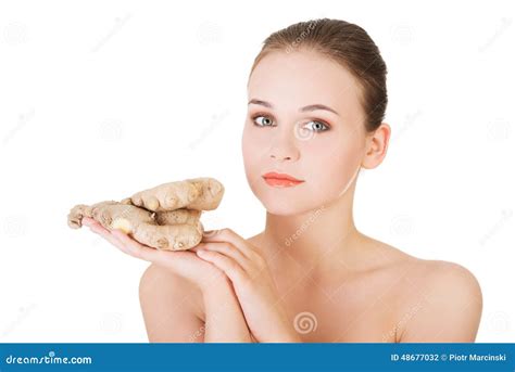 Portrait Of Nude Woman Holding Raw Ginger Stock Photo Image Of Aroma Care 48677032