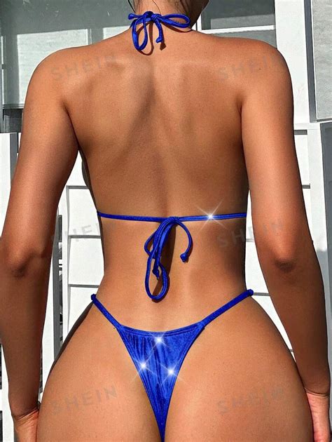 SHEIN Swim SXY Conjunto De Bikini De Cuello De Halter Brillante Para Mujer Estilo De Conjunto