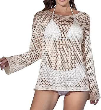 Eomenie Women Swimsuit Crochet Cover Up Long Sleeve Mesh Bathing Suit Bikini Coverup Swimwear