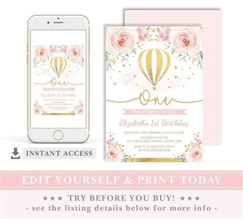 Blush Gold Floral Hot Air Balloon St Birthday EDITABLE Etsy