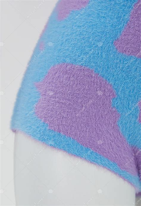 Women Blue Purple Pattern Fluffy Bodycon Romper Sexy Lingerie Cow Print Furry Hooded Bodysuit