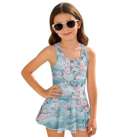 Xoenoiee Blue Cherry Blossom Print Girls One Piece Swimsuits Sleeveless