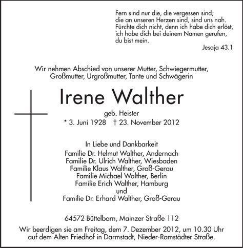 Traueranzeigen Von Irene Walther Vrm Trauer De