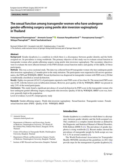 The Sexual Function Among Transgender Women Who Have Undergone Gender Affirming Surgery Using