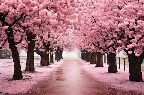 Um Caminho Ladeado Por Cerejeiras Em Flor Imagem Premium Gerada Ia