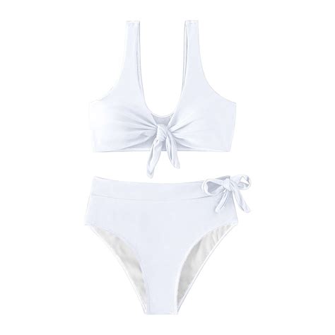 Difdany Women S Sexy Neck Bikini Solid Color Split With Chest Pads No Steel Bra Swimsuit White S