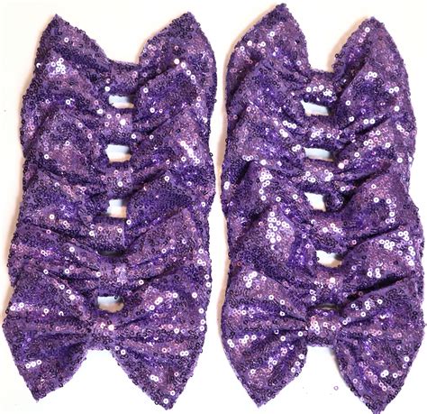 Set Of 12 Purple Sequin Bows 5 Inches Large Light Purple Glitter Bows