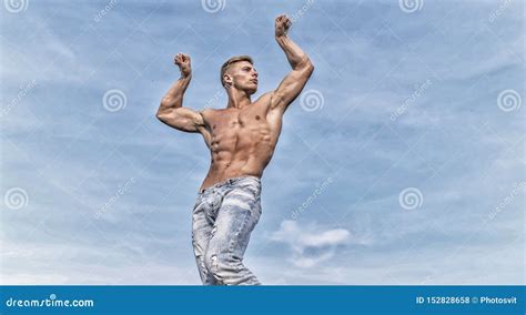 Man Muscular Chest Naked Torso Stand Sky Background Man Muscular Athlete Bodybuilder Show