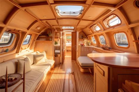 Elegant Wooden Sailboat Interior With Polished Finishes Stock Image
